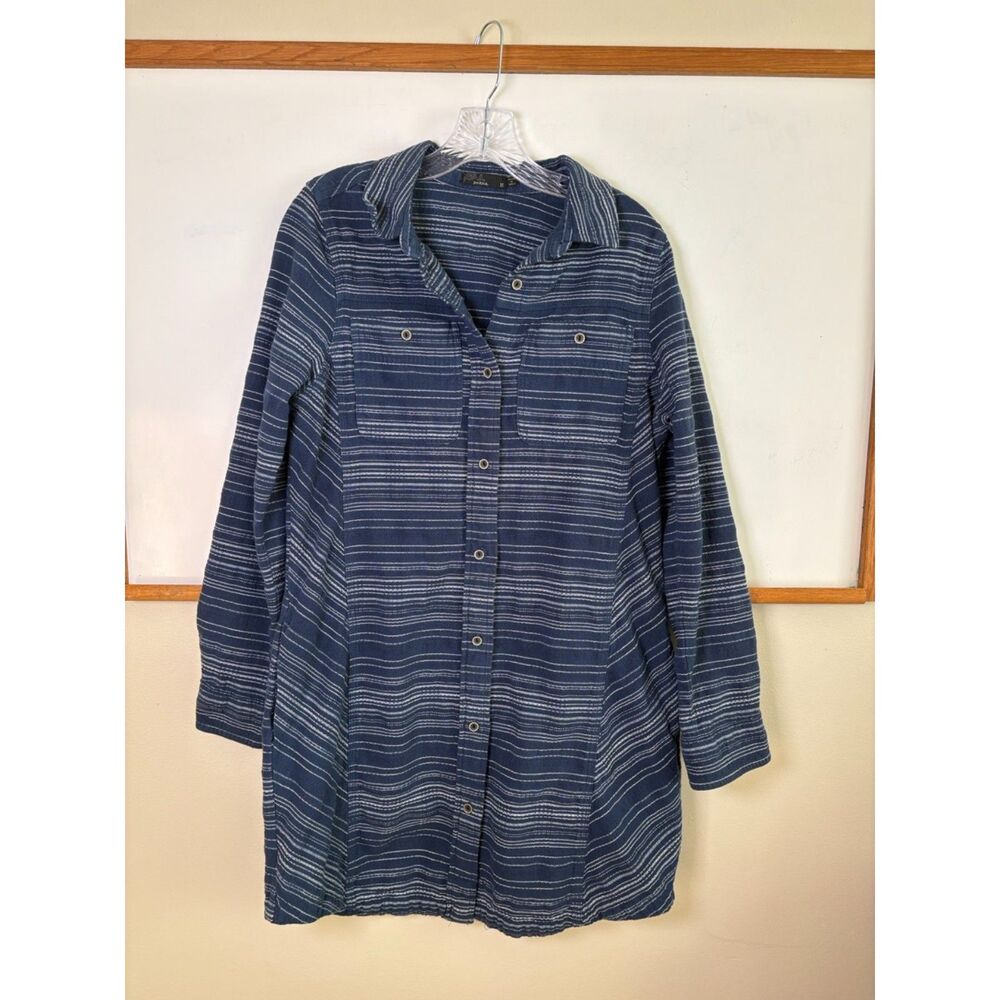 prAna Dyri Dress, Organic Cotton Textured Stripe Shirt Dress, Navy, Size M